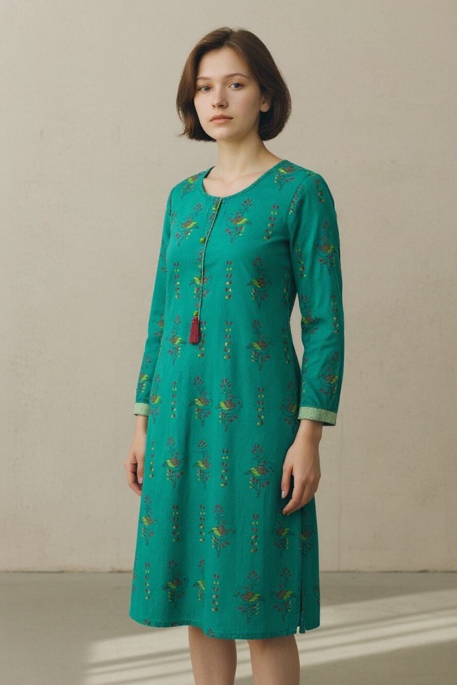 Vintage MAX Cotton Midi Dress Bird Print Boho India Teal Green Large